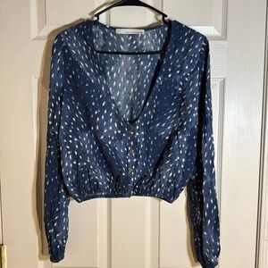 Stillwater long sleeve blue and white crop peasant top